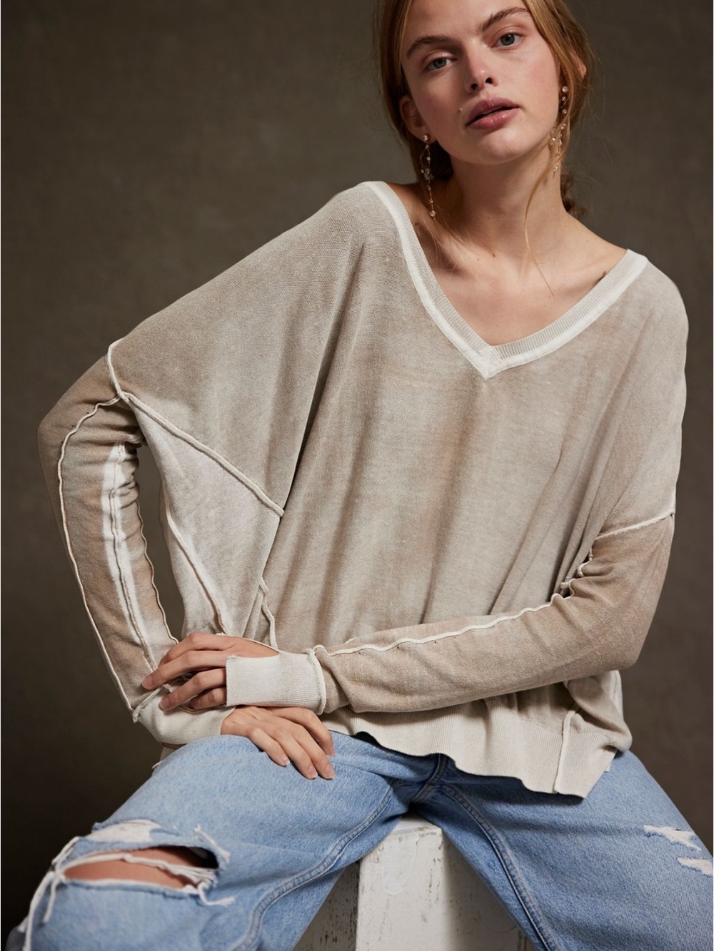 FP We The Free Gibson V-Neck Pullover in Petrified Wood